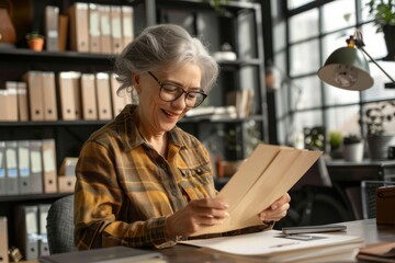 Happy gray-haired senior business woman is sitting in the office at the desk and is happy reading the received letter in the envelope, Generative AI