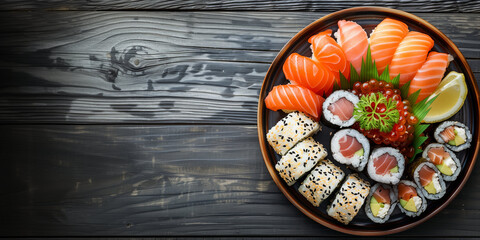Plate of Sushi, Top View, Super Resolution, space for text on pic