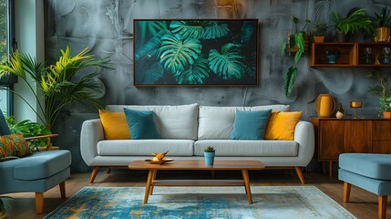 Gray sofa with blue and yellow pillows with concrete wall Industrial Loft Style Home Interior Design of Modern Living Room Decorated with air purifying plants and tropical leaf posters