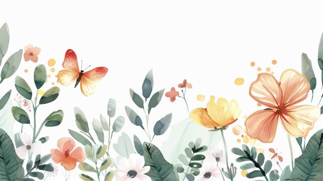 Decorative spring floral art background modern illustration. Watercolor hand painted botanical flower, leaf, insect, butterfly. For wallpaper, posters, banners, cards, print, web or packaging.