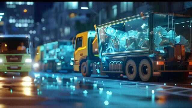 An immersive 3D visualization of a smart citys waste management system with holographic projections of trash containers and collection trucks.