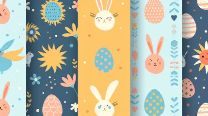 Fotobehang Happy Easter seamless pattern modern. Set of square covers with easter egg, flower, rabbit, sun. Spring season repeated in fabric pattern for prints, wallpaper, covers, packages, kids, ads. © Mark