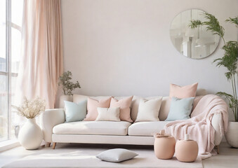 Fototapeta na wymiar White cushions on white sofa against of window. Scandinavian style interior design of modern minimalist living room. Generative AI