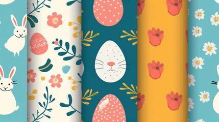 The spring season is repeated in fabrics for prints, wallpaper, covers, packaging, kids, ads, and packaging with a happy Easter seamless pattern modern design. Contains easter egg, rabbit, paw, - obrazy, fototapety, plakaty