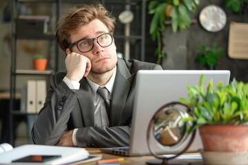 Young thinking businessman at workplace with laptop inside office, boss in glasses and business suit thinking about technical financial solutions, resting hand on chin, Generative AI