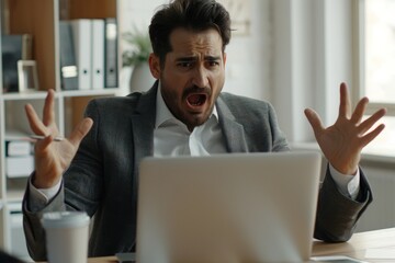 Frustrated and upset hispanic businessman at workplace, man got online rejection error on laptop, unhappy with results inside office in business suit boss, Generative AI - obrazy, fototapety, plakaty
