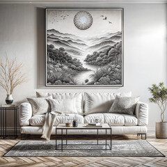 a living room with a white couch and a painting on the wall, an ultrafine detailed painting  featured on shutterstock, modern european ink painting, minimalist, stockphoto, stock photo