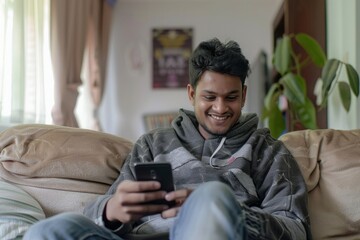 Young smiling man happy sitting at home on the sofa in the living room, Indian man uses an application on the phone, dials a message, calls, and browses online sites on the Internet, Generative AI