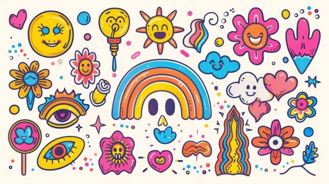 This is a funky groovy clipart set with cartoon characters, doodles, smile faces, flowers, eyes, and speech bubbles.