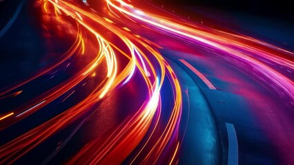 Swirling and merging the tail lights of multiple cars form a beautiful symphony of colorful light trails on the dark road.