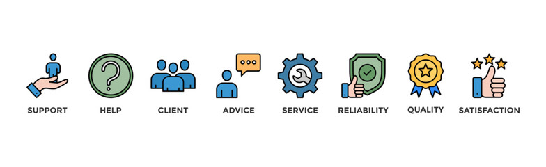 Customer care banner web icon illustration concept for customer support and telemarketing service with an icon of help, client, advice, chat, service, reliability, quality, and satisfaction	
