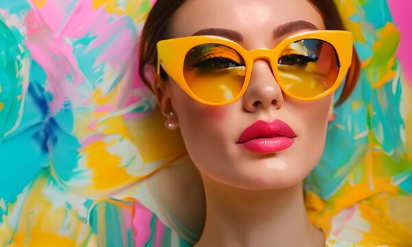 Young woman with bright makeup in yellow glasses against a backdrop of colorful painting. The concept of contemporary art and creativity.