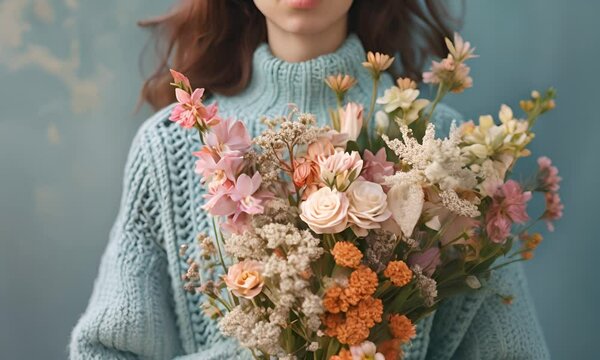 Woman in a blue sweater holding a bouquet of flowers. The concept of tenderness and spring mood.