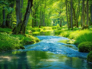 The serene beauty of a gentle river winding through a sun-drenched forest, with vibrant greens and peaceful waters.