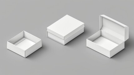 Set of 3D slide boxes isolated on gray background. Modern illustration of an open and closed white cardboard matchbox, carton package mockup, and blank rectangular package for a gift.