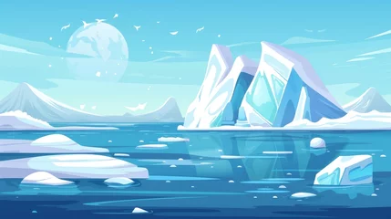 Fototapeten Arctic landscape with icebergs floating in the ocean or bay. Modern illustration of polar scenery with a glacier, a snowy mountain, and ice blocks floating in water. Polar landscape with floating © Mark