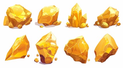 The golden nugget is a fictional design asset for the game UI. Cartoon modern illustration of shiny yellow stones. Gui assets of raw golden crystals. Expensive raw materials gem pieces.