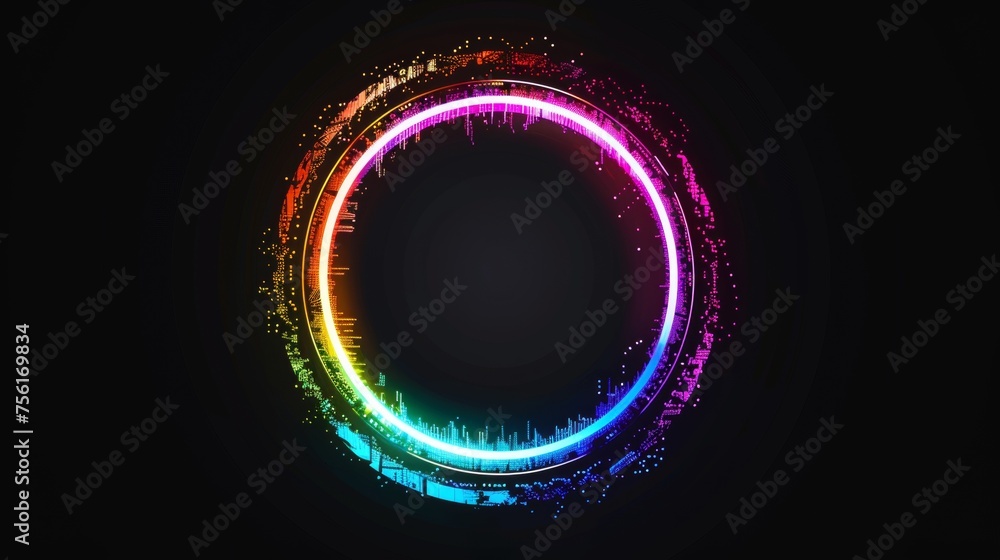 Poster glittering neon circle frame on black background with glitch effect. realistic modern illustration s