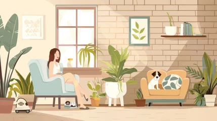  Animal friendly cafe with furniture and equipment. Cartoon women with pets rest in cafeteria. Feeding bowls, bed and toys for domestic animals in public places. © Mark