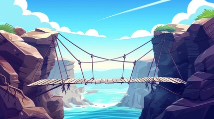 A rope footbridge crosses a dangerous chasm between two rocky suspension cliffs. A summer Cartoon modern landscape with a river or a sea and stone cliffs with sharp edges, both with a hazard chasm
