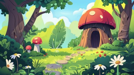 Stump house with mushrooms in forest. Path leads to fairies' or animals' home in woodland in summer. Cartoon modern day landscape of trees, bushes, green grass and daisies.