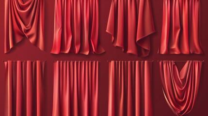 Realistic modern illustration set of close and open opera stage cloth drapery for presentation and show concept. Theatrical fabric drapery with creases.