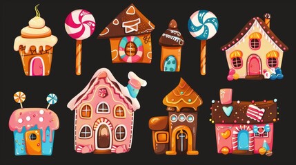 Set of candy houses isolated on black background. Modern cartoon illustration of sweet land design elements, gingerbread houses with chocolate roofs, lollipop and ice cream decorations, and dessert