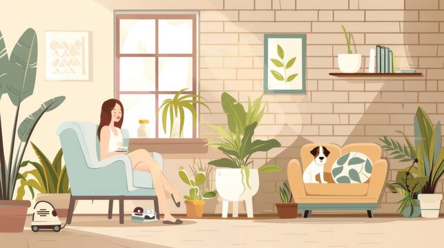 Animal friendly cafe with furniture and equipment. Cartoon women with pets rest in cafeteria. Feeding bowls, bed and toys for domestic animals in public places.