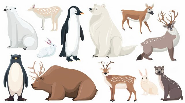 Isolated on a white background, this cartoon illustration of penguins, arctic bears, walruses, reindeer, and hares is part of a set of wildlife characters suitable for zoo design, and depicts wild