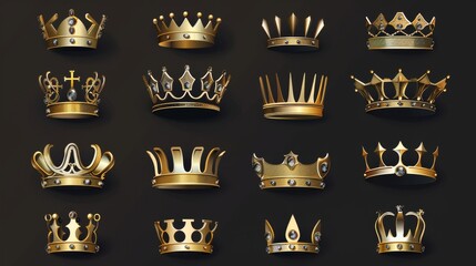 Illustration of the royalty symbol, gold metal jewelry with gem stones, medieval treasure design, king or queen accessory, and game rank with gold crowns. - obrazy, fototapety, plakaty