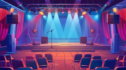Setup of a talent show stage in a big hall with microphones, loudspeakers, a large screen, chairs for the jury, and spotlights. Cartoon modern of a contest stage without anything else on it. - obrazy, fototapety, plakaty