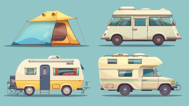 A family camper van with tent is an illustration for a travel concept. Vehicles and trailers for a summertime adventure and vacation. A vintage RV trailer vehicle is an illustration for a retro style