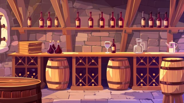 Cartoon basement room with glass bottles in racks, wooden barrels on shelves, bottles in jugs and boxes on tables, hair and glasses filled with alcohol drinks.