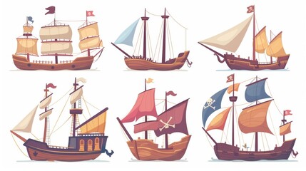 Pirate ship and sailboat with sails. Cartoon modern illustration set of vintage ships with wooden deck and masts. Cute medieval marine transport corsair and galleon for sea adventure game interface.