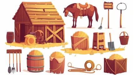 A cartoon illustration set of ranch interior objects - hay in a stack, rope or lasso with sack, shovel and pitchfork, barn and bucket. - obrazy, fototapety, plakaty