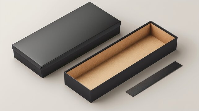 A mockup of an open slide box. A modern illustration set of a black blank carton package with sleeve. A mockup of an empty drawer form a box for the postage of goods.