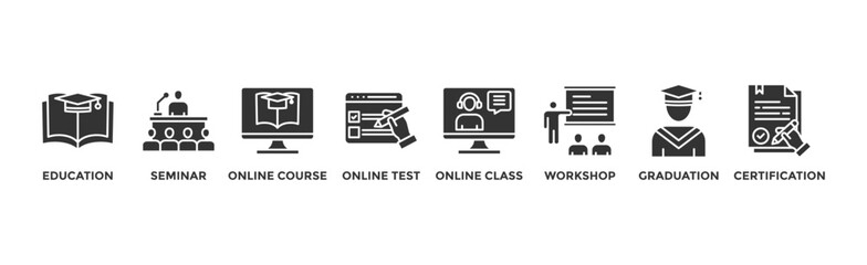 Online training banner web icon illustration concept with icon of education, seminar, online course, online test, online class, workshop, graduation, certification	