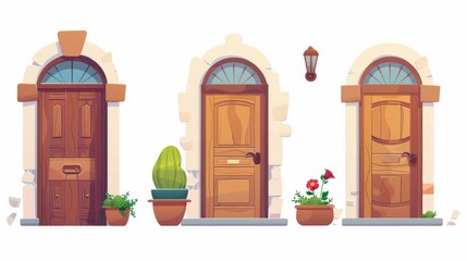 The steps in opening a door. Cartoon modern illustration set of wooden house front door with arch frame in close, ajar, and open positions. Home entrance with handle and flowers in pot from the