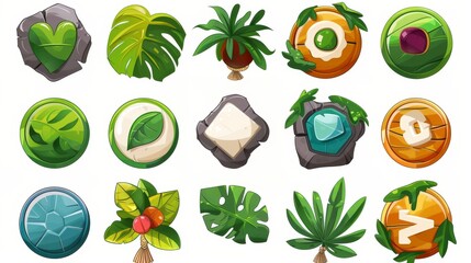 Isolated tropical adventure game buttons set on white background. Graphic illustration of play, exit, sound, home, menu, stone victory board, exotic monstera leaves.