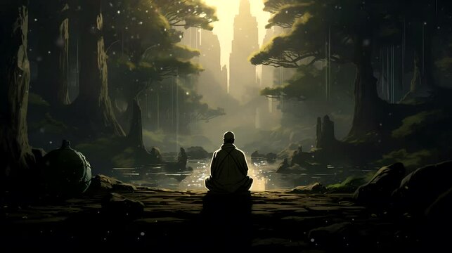 A silhouette hermit meditating with their back to the camera, deep in the forest. Fantasy landscape anime or cartoon style, looping 4k video animation background
