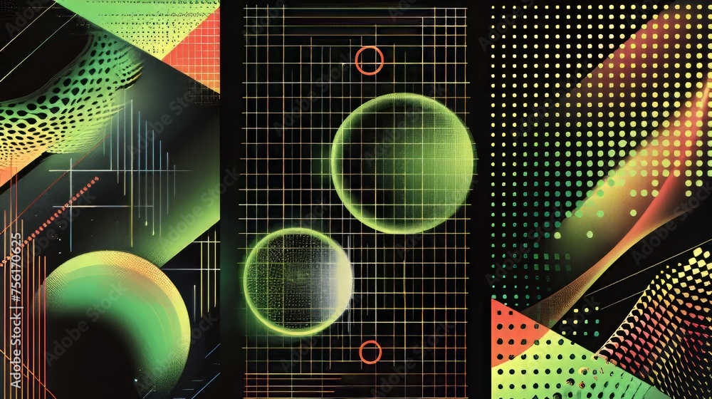 Poster y2k poster template with simple geometric shapes and patterns on acid neon green and black backgroun