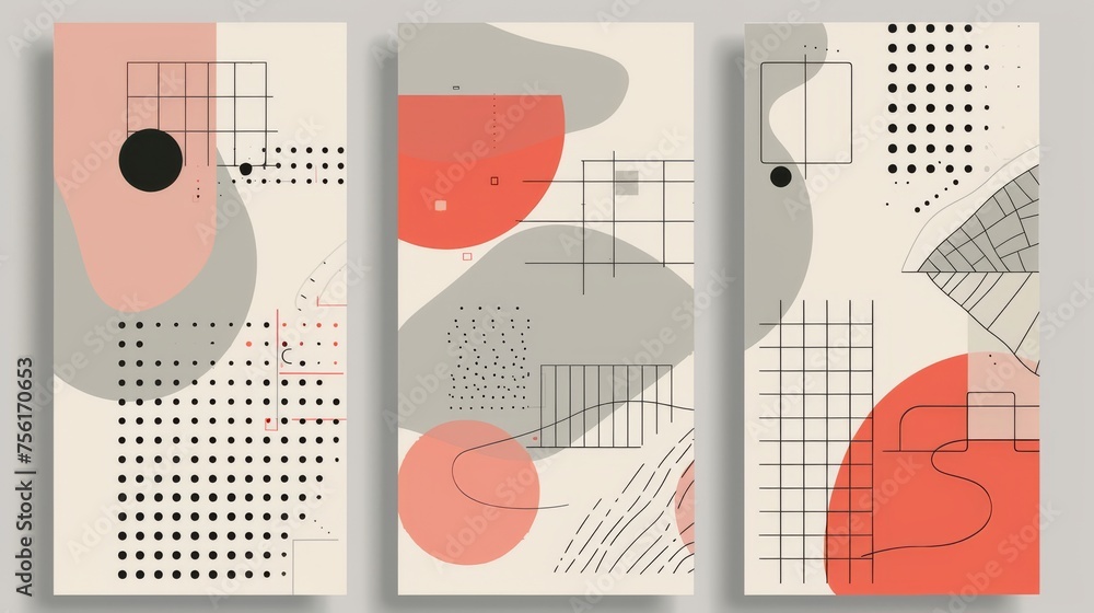 Poster this poster has simple abstract shapes and patterns on a grey background with a black line. modern b