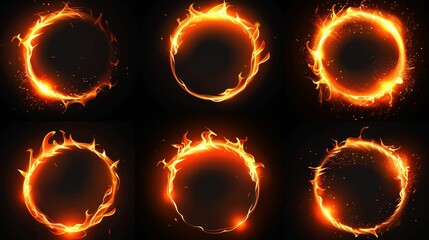 Realistic modern illustration set of steps in the process of appearing and completing an orange glowing ring with flames and sparkles.