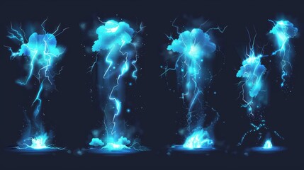Fototapeta na wymiar Lightning strike on ground or floor with burst vfx effect, light ball, and smoke clouds. Cartoon modern illustration set of blue thunder bolt with flash and power energy splash for game UI.