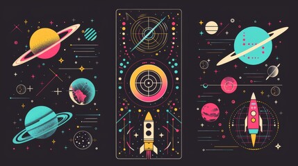 Set of retro futuristic techno posters printed on black background with wireframe space satellite, radar, planet globe, and moon icons.