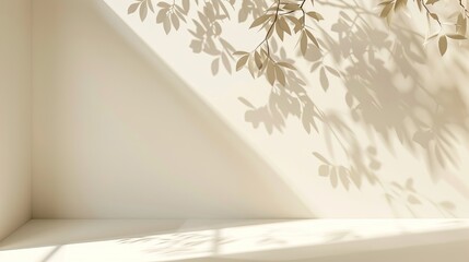 A gentle background for product presentation with shadow and light from the window. The leaves of the plant create a shadow on the wall. Wall and platform, mockup for advertising
