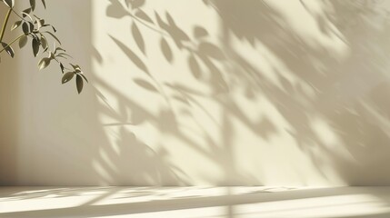 A delicate light beige background for product presentation with a light shadow from the window. The leaves of the plant give shade on the wall