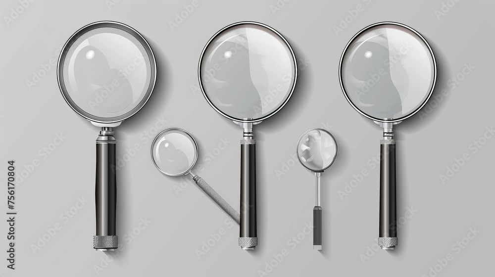 Poster set of realistic modern metal loupes equipped with a plastic handle and transparent enlarge lens for