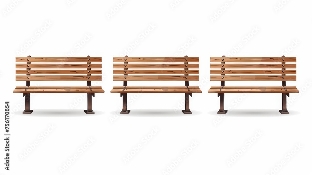 Poster Realistic modern illustration set showing front view on wood long seat constructed of planks. The seat is empty and the bench is in a light brown color...