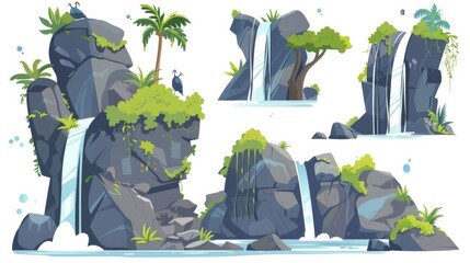 Torrent stream collection with waterfalls flowing from rocky cliffs with jungle river flow. Cartoon modern illustration set of river in stream flooding down from stones. Tropical waterfall